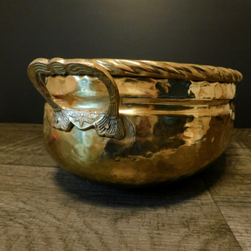 Gold Brass Hammered Oval Metal Bowl Textured With Handles